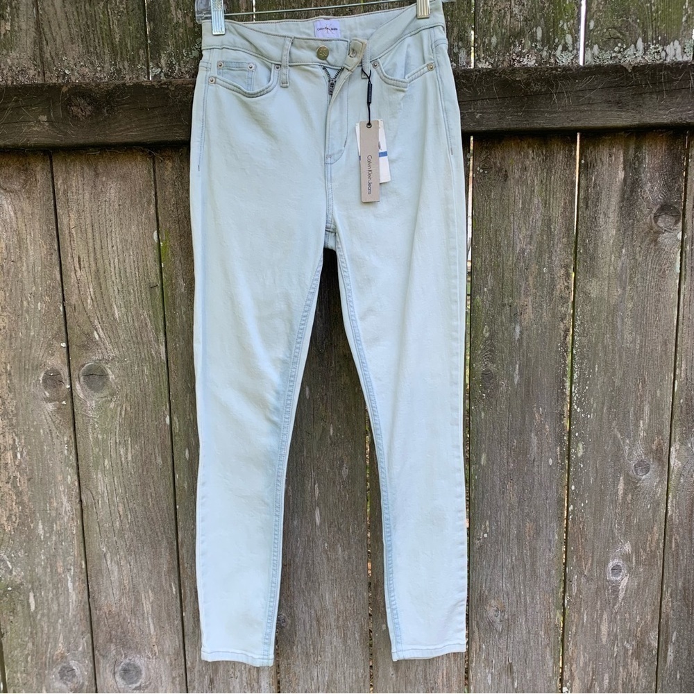 CALVIN KLEIN light blue denim skinny straight leg designer jeans
